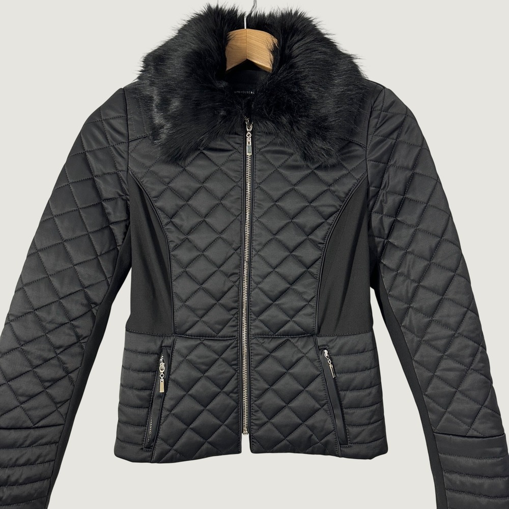 WHBM Slim Black Quilted Puffer Jacket Removable Faux Fur Collar Women's Size XS